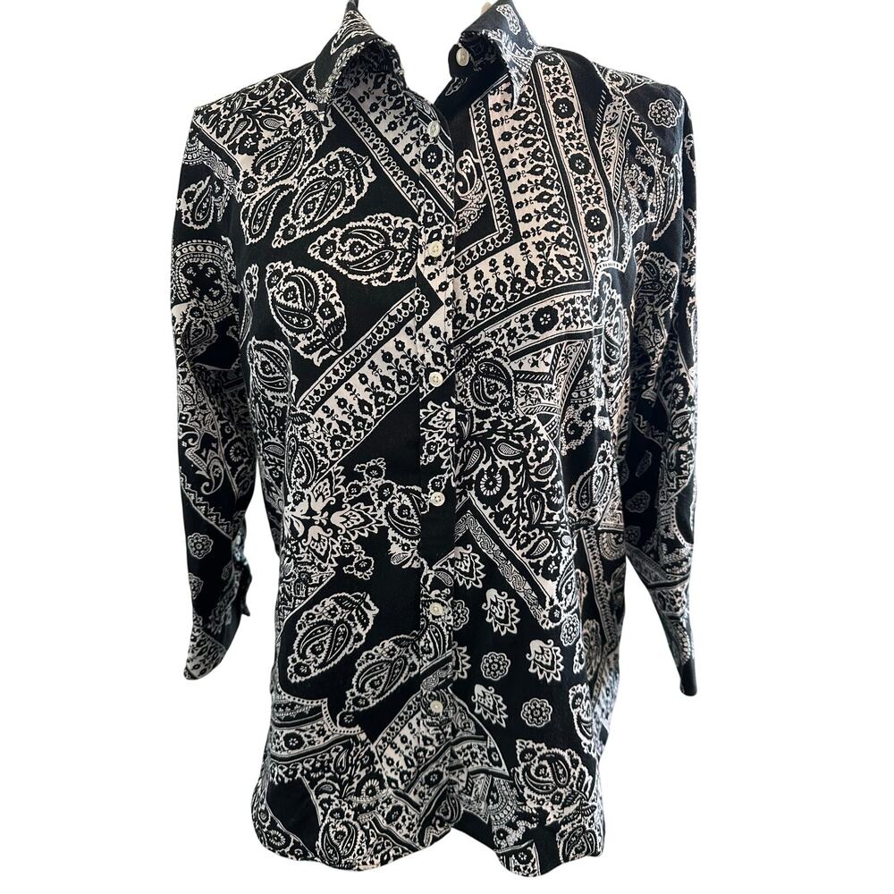 Chaps Womens No Iron Button Front Black White Floral 3/4 Sleeve Cotton Mature L